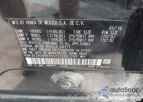 2019 Honda Hr-V Lx z USA, uszkodzony, nr VIN 3CZRU6H33KG713285